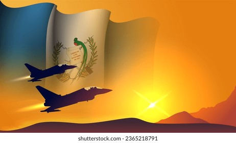 fighter jet plane with benin  waving flag background design with sunset view suitable for national guatemala air forces day event vector illustration