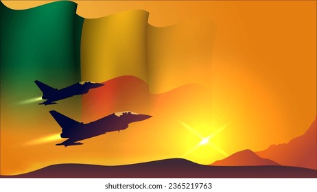 fighter jet plane with benin  waving flag background design with sunset view suitable for national benin air forces day event vector illustration
