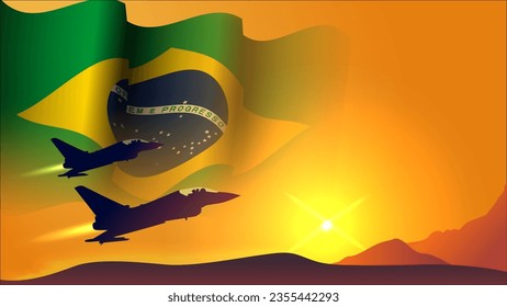 fighter jet plane with brazil waving flag background design with sunset view suitable for national brazil air forces day event template design vector illustration