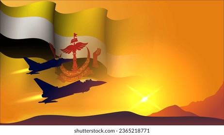fighter jet plane with brunei waving flag background design with sunset view suitable for national brunei air forces day event vector illustration