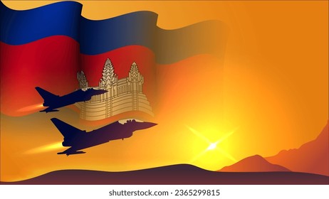 fighter jet plane with cambodia  waving flag background design with sunset view suitable for national cambodia air forces day event vector illustration