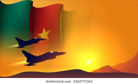 fighter jet plane with cameroon waving flag background design with sunset view suitable for national cameroon air forces day event vector illustration