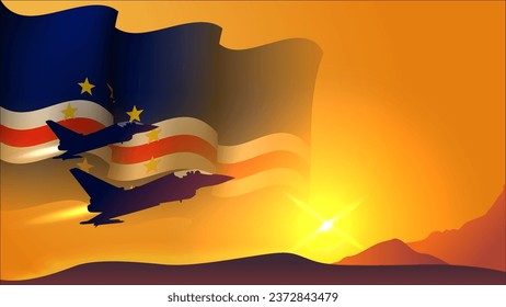 fighter jet plane with cape verde waving flag background design with sunset view suitable for national cape verde air forces day event vector illustration