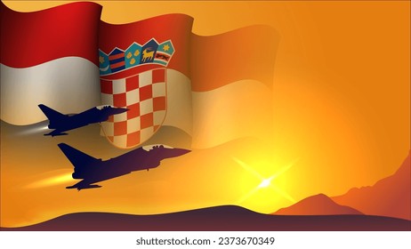 fighter jet plane with croatia waving flag background design with sunset view suitable for national croatia air forces day event vector illustration