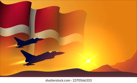 fighter jet plane with denmark waving flag background design with sunset view suitable for national denmark air forces day event  vector illustration