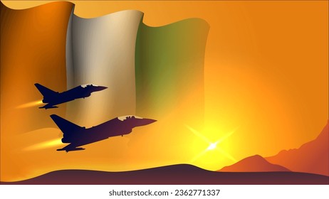fighter jet plane with Côte d'Ivoire waving flag background design with sunset view suitable for national Côte d'Ivoire air forces day event vector illustration