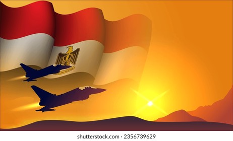 fighter jet plane with egypt waving flag background design with sunset view suitable for national egypt air forces day event vector illustration