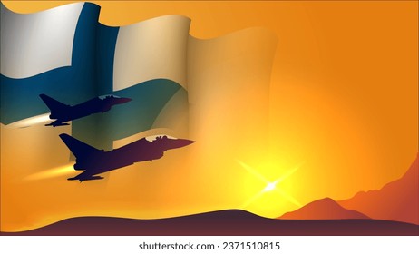 fighter jet plane with finland waving flag background design with sunset view suitable for national finland air forces day event  vector illustration