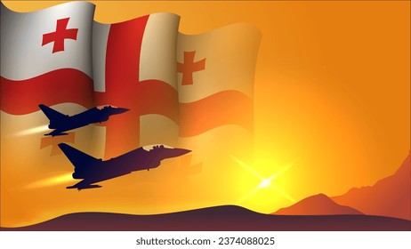 fighter jet plane with georgia waving flag background design with sunset view suitable for national georgia air forces day event vector illustration