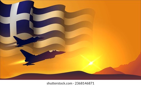 avión de combate con diseño de fondo de bandera ondulada de grecia con visión de puesta de sol adecuado para el evento vectorial del día de las fuerzas aéreas de grecia