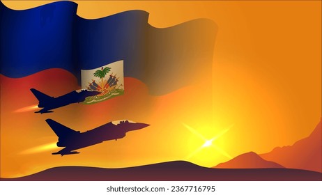 fighter jet plane with haiti waving flag background design with sunset view suitable for national haiti air forces day event vector illustration