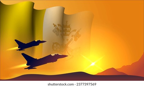 fighter jet plane with holy see waving flag background design with sunset view suitable for national holy see air forces day event vector illustration