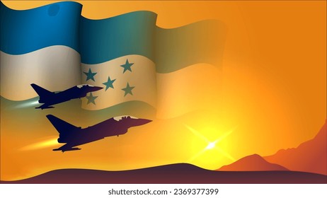 fighter jet plane with honduras waving flag background design with sunset view suitable for national honduras air forces day event vector illustration