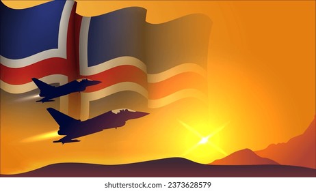 Kampfflugzeug mit eisschwellender Flaggenhintergrund mit Sonnenuntergang, geeignet für Tagesereignis der nationalen Eiserne, Vektorgrafik