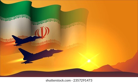 avión de combate de avión con diseño de fondo de bandera onduladora de irán con visión de puesta de sol adecuado para el evento vectorial del día de las fuerzas aéreas de irán