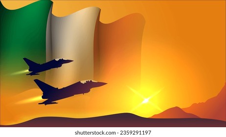 fighter jet plane with italy waving flag background design with sunset view suitable for national italy air forces day event vector illustration