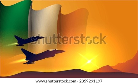 fighter jet plane with italy waving flag background design with sunset view suitable for national italy air forces day event vector illustration