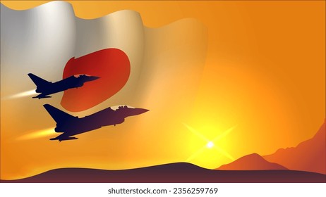avión de combate con diseño de fondo de bandera ondulante japonés con visión de puesta de sol adecuado para el evento de día de las fuerzas aéreas de japón ilustración vectorial , tierra del concepto de sol naciente