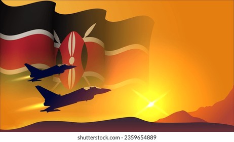 fighter jet plane with kenya waving flag background design with sunset view suitable for national kenya air forces day event vector illustration