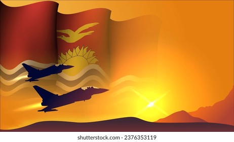 fighter jet plane with kiribati waving flag background design with sunset view suitable for national kiribati air forces day event vector illustration