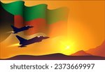 fighter jet plane with kuwait waving flag background design with sunset view suitable for national kuwait air forces day event vector illustration