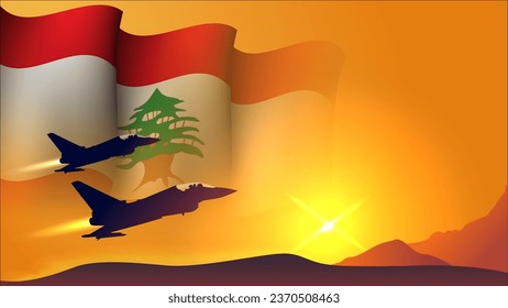 fighter jet plane with lebanon waving flag background design with sunset view suitable for national lebanon air forces day event vector illustration