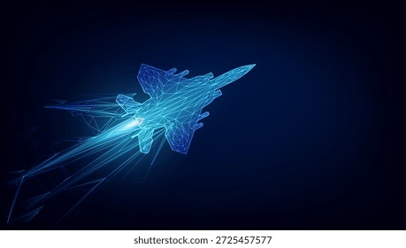 Fighter jet plane made of blue wireframe plexus on dark background. Military aviation technology concept. Vector eps10.