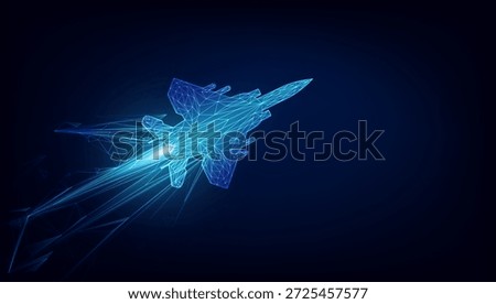 Fighter jet plane made of blue wireframe plexus on dark background. Military aviation technology concept. Vector eps10.