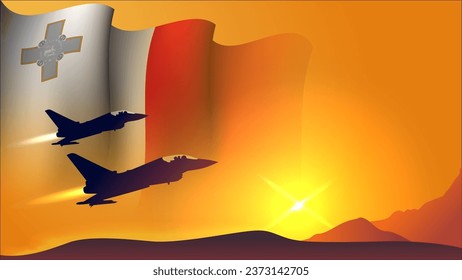 fighter jet plane with malta waving flag background design with sunset view suitable for national malta air forces day event vector illustration