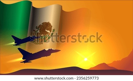 fighter jet plane with mexico waving flag background design with sunset view suitable for national mexico air forces day event vector illustration