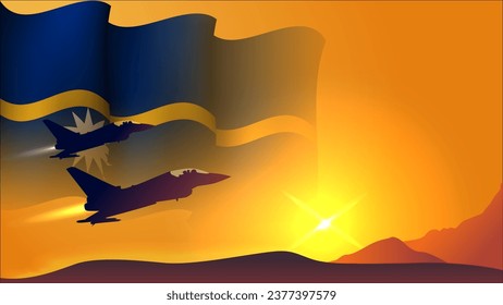 avión de combate con nauru ondeando el diseño de fondo de la bandera con la vista de puesta de sol adecuada para el evento vectorial del día de las fuerzas aéreas de nauru