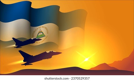 fighter jet plane with nicaragua waving flag background design with sunset view suitable for national nicaragua air forces day event vector illustration