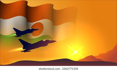 fighter jet plane with niger waving flag background design with sunset view suitable for national niger air forces day event vector illustration