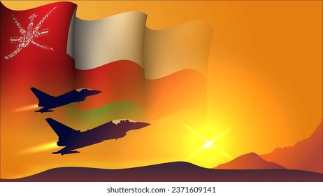 fighter jet plane with oman waving flag background design with sunset view suitable for national oman air forces day event vector illustration