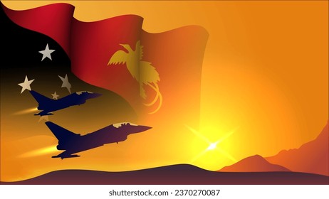 fighter jet plane with papua new guinea waving flag background design with sunset view suitable for national papua new guinea air forces day event vector illustration