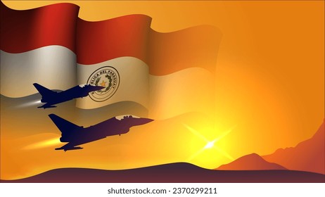 fighter jet plane with paraguay waving flag background design with sunset view suitable for national paraguay air forces day event vector illustration vector illustration