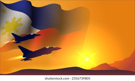 fighter jet plane with philippines waving flag background design with sunset view suitable for national philippines air forces day event vector illustration