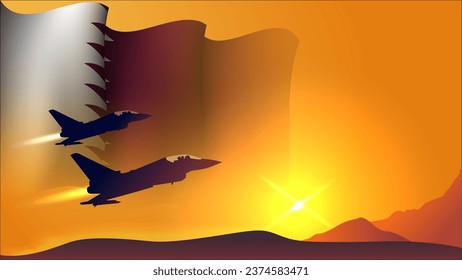 Jagdstrahlflugzeug mit qatar-winkarbarbigem Hintergrund-Design mit Sonnenuntergang, geeignet für nationale qatar-Luftstreitkräfte-Tagesereignis, Vektorgrafik