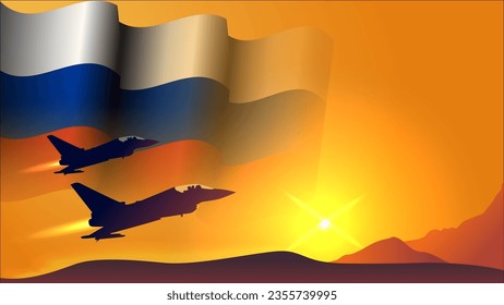 fighter jet plane with russia waving flag background design with sunset view suitable for national russia air forces day event vector illustration