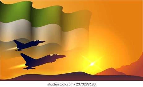 fighter jet plane with sierra leone waving flag background design with sunset view suitable for national sierra leone air forces day event vector illustration vector illustration