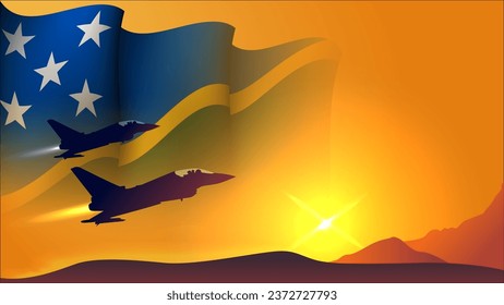 fighter jet plane with solomon island waving flag background design with sunset view suitable for national solomon island air forces day event vector illustration