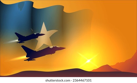 fighter jet plane with somalia waving flag background design with sunset view suitable for national somalia air forces day event vector illustration