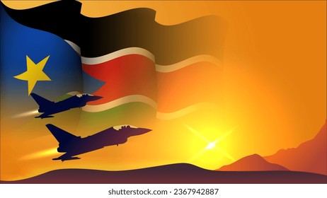 fighter jet plane with south sudan waving flag background design with sunset view suitable for national south sudan air forces day event vector illustration