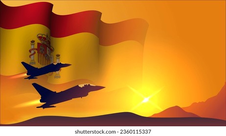 fighter jet plane with spain waving flag background design with sunset view suitable for national spain air forces day event vector illustration