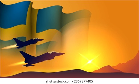 fighter jet plane with sweden waving flag background design with sunset view suitable for national sweden air forces day event vector illustration