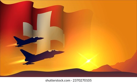 fighter jet plane with switzerland waving flag background design with sunset view suitable for national switzerland air forces day event vector illustration