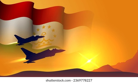 fighter jet plane with tajikistan waving flag background design with sunset view suitable for national tajikistan air forces day event vector illustration