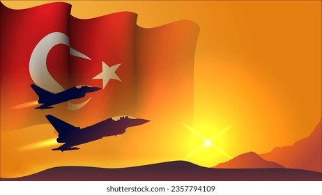 fighter jet plane with turkey waving flag background design with sunset view suitable for national turkey air forces day event vector illustration