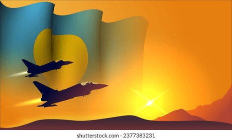 fighter jet plane with tuvalu waving flag background design with sunset view suitable for national tuvalu air forces day event vector illustration