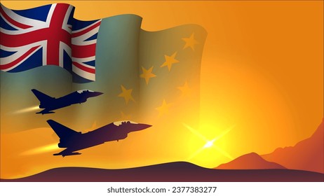 fighter jet plane with tuvalu waving flag background design with sunset view suitable for national tuvalu air forces day event vector illustration